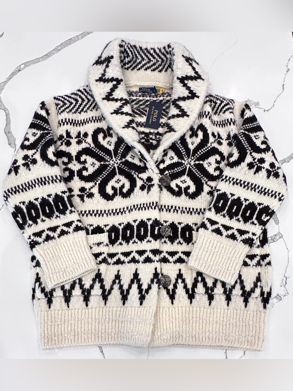Polo Ralph Lauren Wool Blend Shawl Collar Cardigan Cream Brown Sz Large NWT - Picture 4 of 9